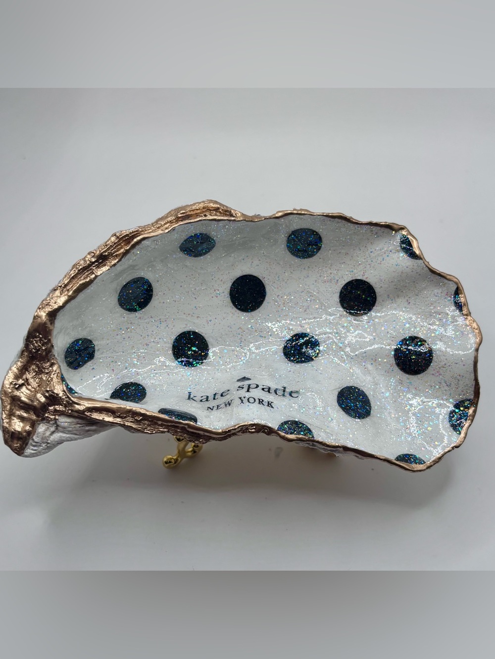 kate spade White Oyster Shell Dish with Blue Glitter Polka Dots and Gold Rim